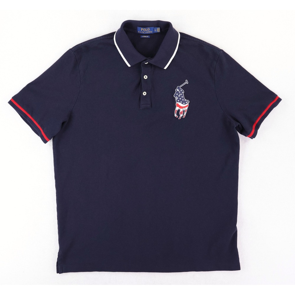 Polo Ralph Lauren Polo Shirt Mens Large Navy Big Pony USA Flag Classic Fit